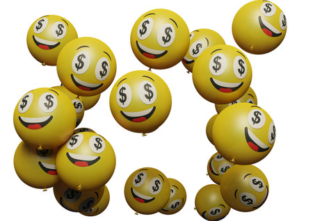 Many flying balloon with emoticon on white background Social media promotion design assets and communications concept or Birthday festive occasions parties wedding decorations 3d render illustrationの写真素材