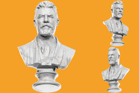3D render of a bust statue of a Danish brewer with stone texture and gold accents. Ideal for historical and culinary design projects.の写真素材