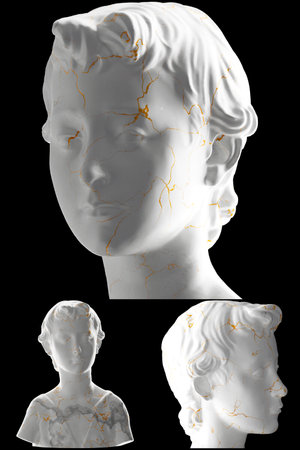 A stunning 3D render of a young John the Baptist statue, white marble stone shimmering gold accentsの写真素材