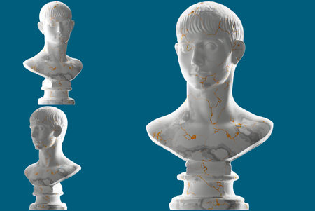 Elegant 3D render of Young Man with Short Hair statue in white marble and gold, fashion apparelの写真素材