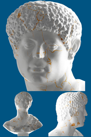 Portrait with panther skin over shoulder bust on white marble. for high-end apparel, album covers