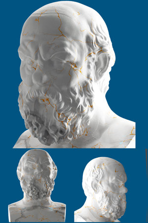 Renaissance statue of Socrates in white marble and gold. for art lovers, and history enthusiasts