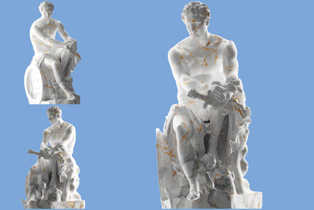 Luxurious white marble and gold statue of Ludovisi Ares, perfect for fashion apparel promotionの写真素材