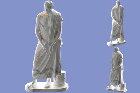 Elegant white marble statue of Demosthenes in gold finish, perfect for luxury brandingの写真素材