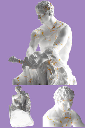 Luxurious white marble and gold statue of Ludovisi Ares, perfect for fashion apparel promotionの写真素材