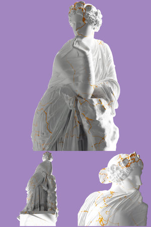 White marble statue of Polyhymnia with gold accents. Perfect for website and social media promotionの写真素材