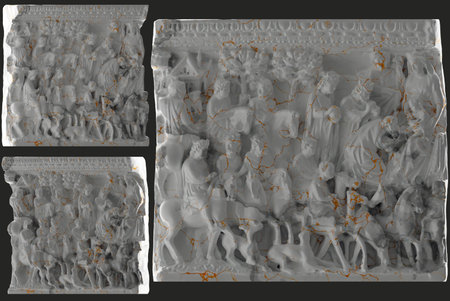Gold Adoration of the Magi statue on white marble. Perfect for apparel, and album coversの写真素材