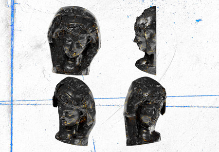 Head of an unwise Virgin A captivating black marble statue with golden accents for artistic projectsの写真素材