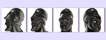 Warrior with Helmet Miltiades Ancient Greek 3D Digital Bust Statue in Black Marble and Goldの写真素材