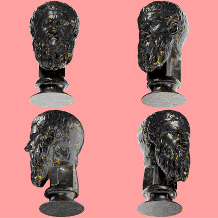 Plato Greek Philosopher 3D Digital Bust Statue in Black Marble and Goldの写真素材