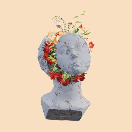 Virgin statues 3d render, collage with flower petals compositions for your workの写真素材