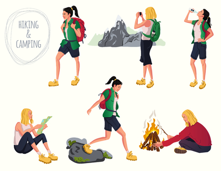 Set of cartoon camping and hiking women with backpack, water and campfire. Woman taking pictures of nature, mountains. Sport activity people. Vector illustration.のイラスト素材