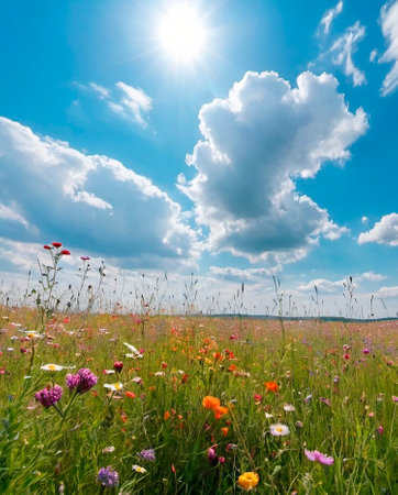 Summer green flowering meadow, beautiful clear blue sky, mid summer.の写真素材
