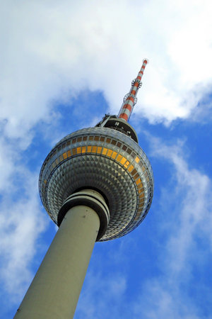 Close-up perspective view to the top part of the Berlin Television Tower with blue skyのeditorial素材