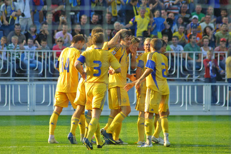 KYIV, UKRAINE - SEPTEMBER 05, 2009: Ukraine National Football team reacts after Artem Milevskiy scored against Andorra during 2010 FIFA World Cup qualifiers match in Kyiv on September 5, 2009のeditorial素材