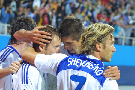KYIV, UKRAINE - SEPTEMBER 16, 2009: Dynamo Kyiv team celebrates after Oleg Gusev (second from the left) scored against Rubin Kazan during UEFA Champions League game on Sep. 16, 2009 in Kyivのeditorial素材