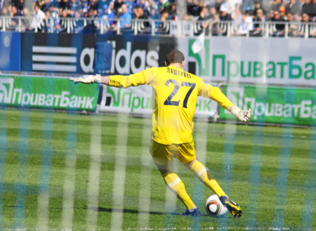 KYIV, UKRAINE - APRIL 18, 2010: Jan Lastuvka of FC Dnipro kicks a ball during Ukraine Championship game against FC Dynamo Kyiv on April 18, 2010 in Kyiv, Ukraineのeditorial素材