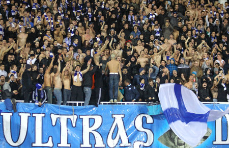 KYIV, UKRAINE - NOVEMBER 4,2010: FC Dynamo Kyiv team supporters show his support during UEFA Europe League game against AZ Alkmaar on November 4, 2010 in Kyiv, Ukraineのeditorial素材