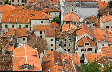 Bird eye view of buildings in Kotor old town, Montenegroの写真素材