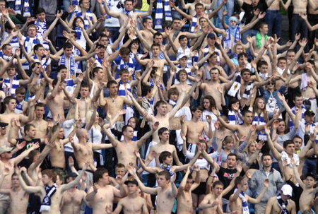 KYIV, UKRAINE - MAY 15, 2011: FC Dynamo Kiev team supporters show their support during Ukraine...