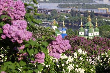 Kiev Botanical Garden in spring. View to the Vydubichi monasteryの写真素材