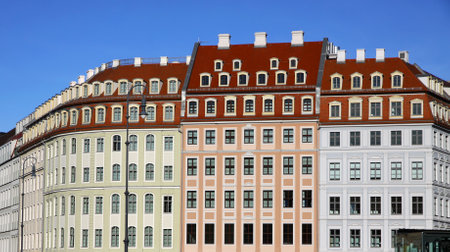 Close-up colourful buildings at Neumarkt square in Dresden, Germanyのeditorial素材