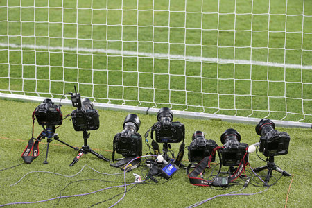 KYIV, UKRAINE - JUNE 24, 2012: Remote control photocameras stand on the field during UEFA EURO 2012 game against Italy and England on June 24, 2012 in Kyiv, Ukraineのeditorial素材