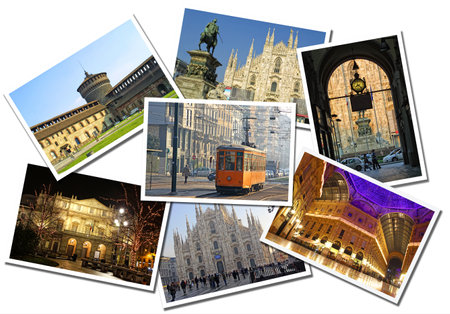 Collage made of postcards of the Milan city, Italy. Isolated on white backgroundのeditorial素材
