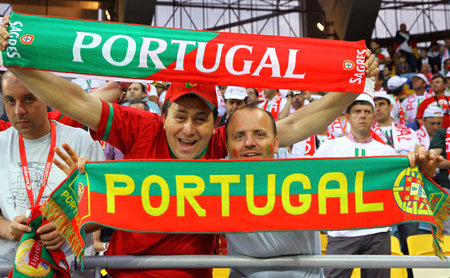 LVIV, UKRAINE - JUNE 9, 2012: Portugal national football team supporters show their support during UEFA EURO 2012 game against Germany on June 9, 2012 in Lviv, Ukraineのeditorial素材