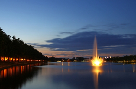Panoramic view of Pfaffenteich lake and Schwerin city at evening, Mecklenburg-Vorpommern region, Germanyの写真素材