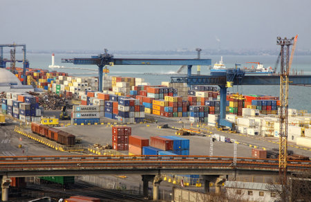 ODESA, UKRAINE - MARCH 6, 2012: Industrial landscape of Odesa seaport on March 6, 2012 in Odesa, Ukraine. Odesa Marine Trade Port is the largest Ukrainian seaport and one of the largest ports in Black Sea basinのeditorial素材