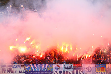 KYIV, UKRAINE - OCTOBER 20, 2013  Dynamo Kyiv ultra supporters perform during Ukraine Championship...