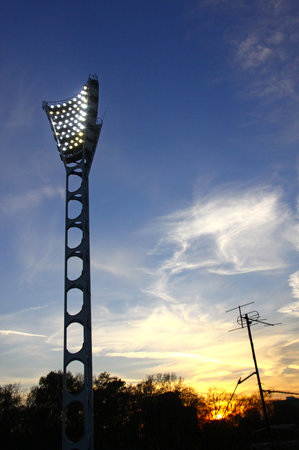 KYIV, UKRAINE - OCTOBER 20, 2013  Lighting mast of Valery Lobanovskyi stadium during Ukraine Championship game between Arsenal and Dynamo Kyiv on October 20, 2013 in Kyiv, Ukraineのeditorial素材