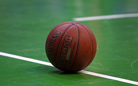 KYIV, UKRAINE - JANUARY 15, 2014  Close-up official Basketball EuroCup 2013 14 season ball on the...