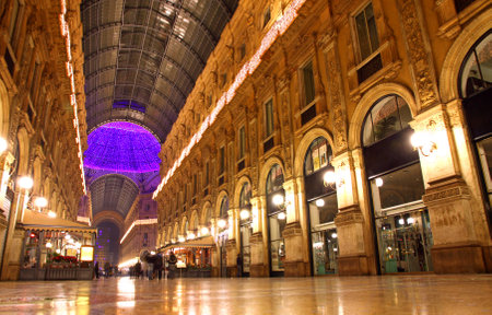 Evening view Galleria Vittorio Emanuele shopping Center in Milan, Italyのeditorial素材