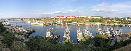 SEVASTOPOL, UKRAINE - SEPTEMBER 03, 2011  Russian Navy warships at the Bay of Sevastopol, Crimean peninsula, Ukraineのeditorial素材