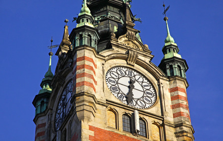 Clock Tower of historic building of the Railway station in Gdansk, Poland