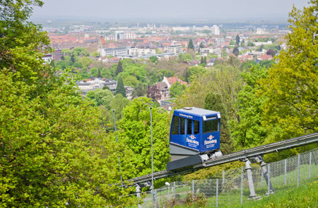 FREIBURG, GERMANY - MAY 5, 2013  The Schlossbergbahn  English  Castle Hill Railway  is a funicular railway in Freiburg im Breisgau city, Germany  It links the city centre with the Schlossberg hillのeditorial素材