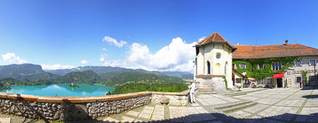 Panoramic view of Bled Castle above the lake Bled, Julian Alps, Sloveniaのeditorial素材