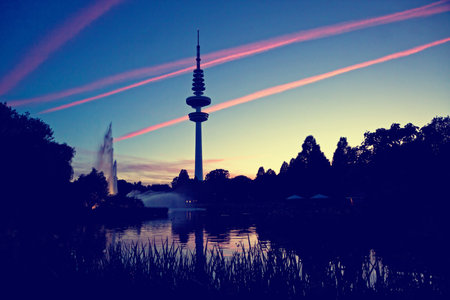 Hamburg Television tower after sunset. View from Planten und Blomen park in the center of Hamburg city, Germanyのeditorial素材