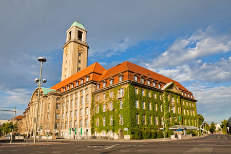 Building of Berlin-Spandau Town Hall (Rathaus Spandau), Germany. It is the town hall of the borough of Spandau in the western suburbs of Berlinのeditorial素材