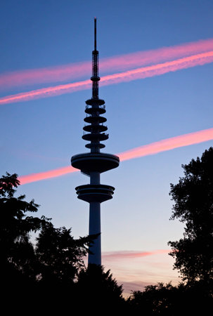 HAMBURG, GERMANY - JUNE 25, 2014: Hamburg Television tower (Heinrich-Hertz-Turm) after sunset. Tower named after the German physicist and Hamburg-born Heinrich Hertz is a famous landmark of Hamburgのeditorial素材