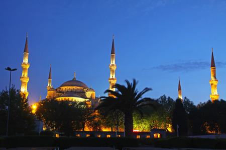 Sultan Ahmed Mosque at night. Historic mosque in Istanbul, Turkey also known as the Blue Mosque for the blue tiles adorning the walls of its interiorの写真素材