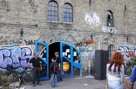 COPENHAGEN, DENMARK - JULY 28, 2012: Christiania, also known as Freetown Christiania is a self-proclaimed autonomous neighbourhood, covering 34 hectares in the borough of Christianshavn in Copenhagenのeditorial素材