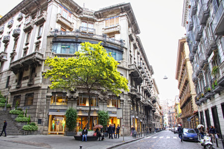 NAPLES, ITALY - MARCH 8, 2013: Spring view of Via dei Mille street in Naples, Italy. Naples historic city centre is the largest in Europe, and is listed by UNESCO as a World Heritage Siteのeditorial素材