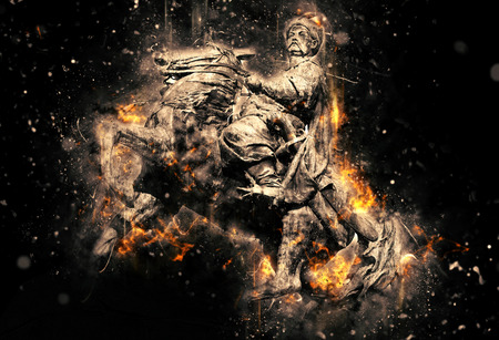 Equestrian statue of Bohdan Khmelnytsky, the Hetman of Ukrainian Zaporozhian Cossacks, on Sofia square in Kyiv, Ukraine. Artistic grunge fury effectの写真素材