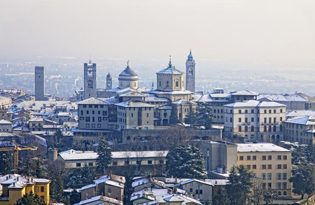 Skyline view of Bergamo old town in winter, Italyの写真素材