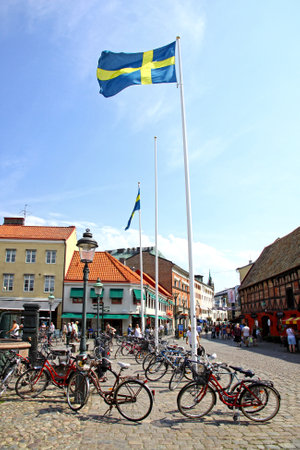 MALMO, SWEDEN - JULY 28, 2012: Lilla Torg square in Malmo city. Built in 1592 with many ancient buildings, nowadays use as popular entertainment place with pubs, discos, cafes and barsのeditorial素材