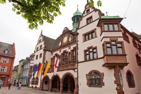 FREIBURG IM BREISGAU GERMANY  MAY 1 2013: Historical buildings at Rathausplatz Town hall square in Freiburg im Breisgau city BadenWurttemberg state Germanyのeditorial素材