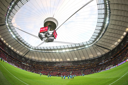 WARSAW, POLAND - MAY 27, 2015: Panoramic view of Warsaw National Stadium Stadion Narodowy during UEFA Europa League Final game between Dnipro and Sevillaのeditorial素材